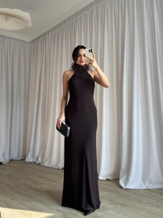  DOJA Otriş Yaka Maxi Elbise 8783 - Acı Kahve - 2