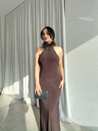  DOJA Otriş Yaka Maxi Elbise 8783 - Acı Kahve - 3