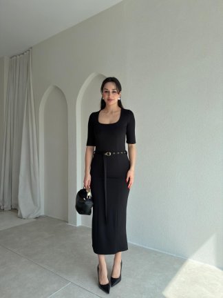 DORİKA Kemerli Midi Elbise 8905 - Siyah - 2
