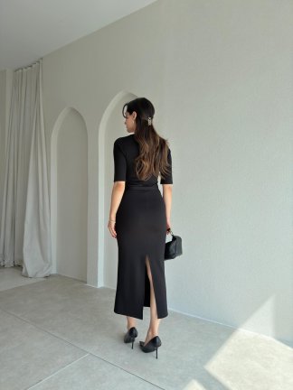DORİKA Kemerli Midi Elbise 8905 - Siyah - 3