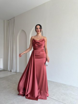 DRAGON Saten Maxi Elbise 4212 - Gül Kurusu 