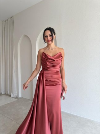 DRAGON Saten Maxi Elbise 4212 - Gül Kurusu - 2