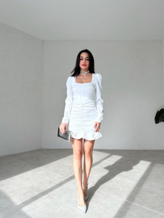 Drape Detaylı Mini VİLHELM Elbise 8890 - Beyaz - 2