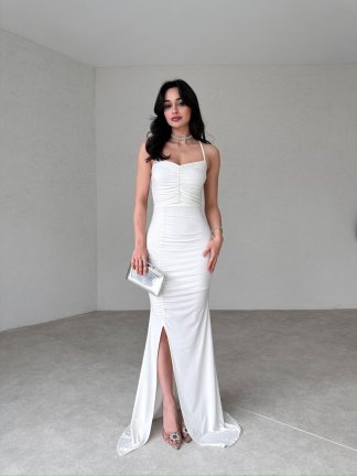 Drapeli Maxi MARİO Elbise 6382 - Beyaz - 1