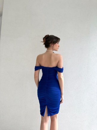 Düşük Omuz Adella Elbise 2705 - Mavi - 5