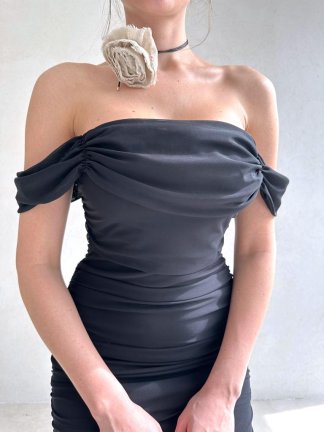 Düşük Omuz Adella Elbise 2705 - Siyah - 3