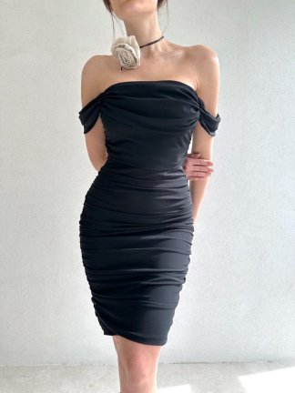 Düşük Omuz Adella Elbise 2705 - Siyah - 2