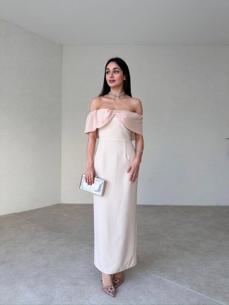 Düşük Omuz Midi KİKO Elbise 9370 - Krem - 2