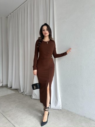 EDWARD Midi Elbise 9305 - Kahverengi - 3