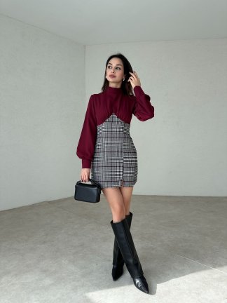 Ekose Detaylı Midi DRAKE Elbise 1251 - Bordo - 2