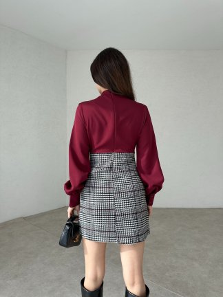 Ekose Detaylı Midi DRAKE Elbise 1251 - Bordo - 3