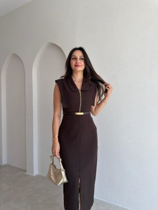 ELANİ Kemerli Midi Elbise 3761 - Acı Kahve - 2