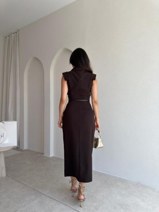 ELANİ Kemerli Midi Elbise 3761 - Acı Kahve - 3
