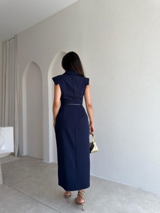 ELANİ Kemerli Midi Elbise 3761 - Lacivert - 3