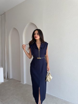 ELANİ Kemerli Midi Elbise 3761 - Lacivert - 2