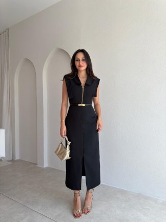ELANİ Kemerli Midi Elbise 3761 - Siyah - 1