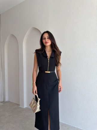 ELANİ Kemerli Midi Elbise 3761 - Siyah - 2