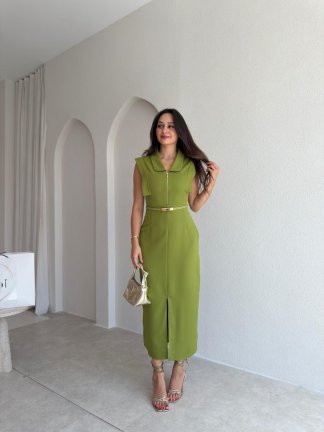 ELANİ Kemerli Midi Elbise 3761 - Yağ Yeşili 