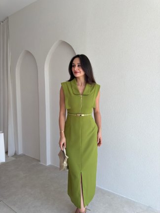 ELANİ Kemerli Midi Elbise 3761 - Yağ Yeşili - 2
