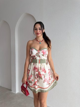 ELEA Çiçek Desenli Mini Elbise 3765 - Krem Rengi - 1