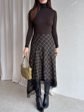  ELENOR Dantel Detaylı Etek 8838 - Acı Kahve - 2