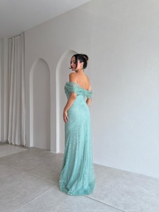 ELİSHA Payetli Maxi Elbise 4520 - Mint - 3