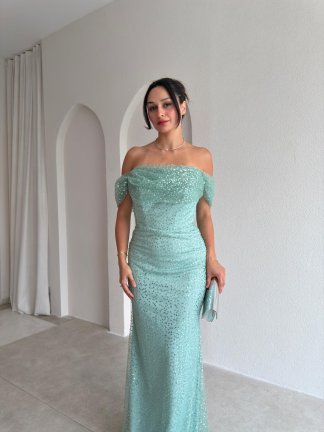 ELİSHA Payetli Maxi Elbise 4520 - Mint - 2