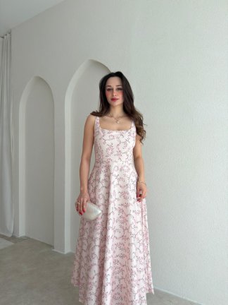 ELOİSE Çiçek Desenli Midi Elbise 8529 - Pudra - 2
