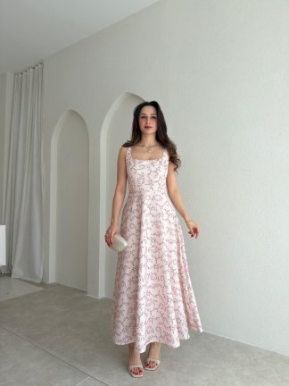 ELOİSE Çiçek Desenli Midi Elbise 8529 - Pudra - 1