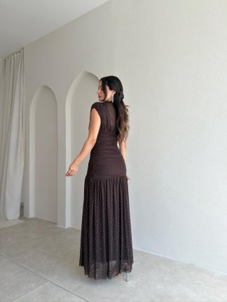 ELORAT Taşlı Maxi Elbise 6546 - Acı Kahve - 3