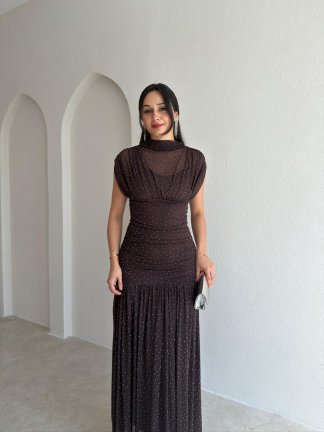 ELORAT Taşlı Maxi Elbise 6546 - Acı Kahve - 2