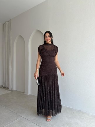 ELORAT Taşlı Maxi Elbise 6546 - Acı Kahve - 1