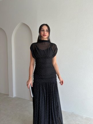 ELORAT Taşlı Maxi Elbise 6546 - Siyah - 2