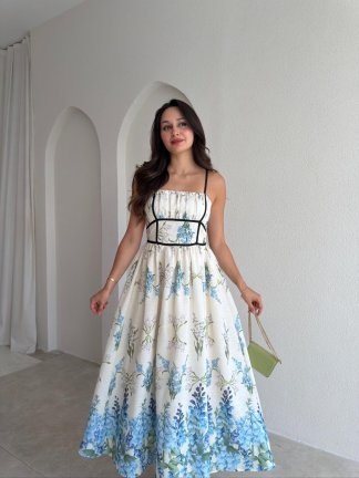 ELSE Desenli Midi Elbise 3035 - Krem Rengi - 2
