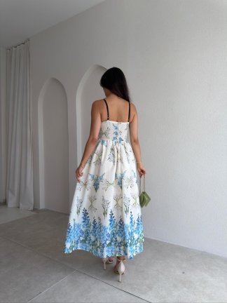 ELSE Desenli Midi Elbise 3035 - Krem Rengi - 3