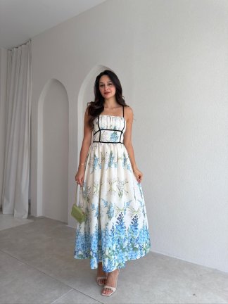ELSE Desenli Midi Elbise 3035 - Krem Rengi - 1