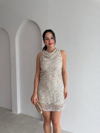 EMMY Pullu Mini Elbise 3777 - Krem Rengi 