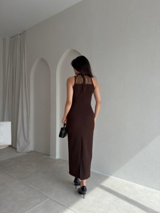 EPHRON Dantel Detaylı Midi Elbise 7483 - Acı Kahve - 3