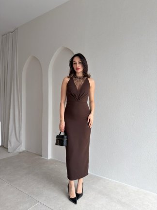 EPHRON Dantel Detaylı Midi Elbise 7483 - Acı Kahve - 2