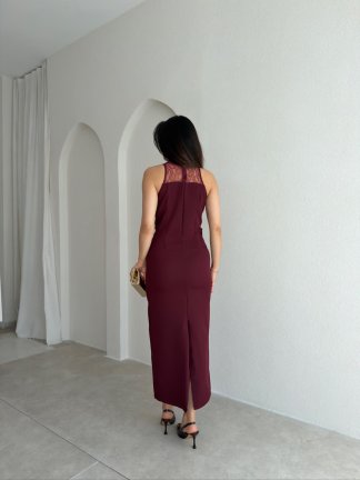 EPHRON Dantel Detaylı Midi Elbise 7483 - Bordo - 3