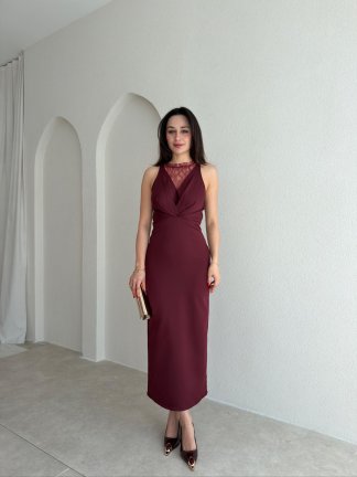 EPHRON Dantel Detaylı Midi Elbise 7483 - Bordo - 1