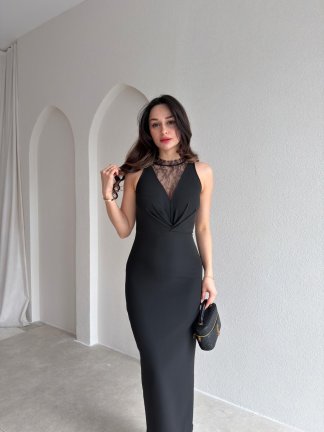 EPHRON Dantel Detaylı Midi Elbise 7483 - Siyah 