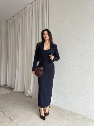 ERLİNG Midi Elbise & Ceket 8451 - Lacivert - 4