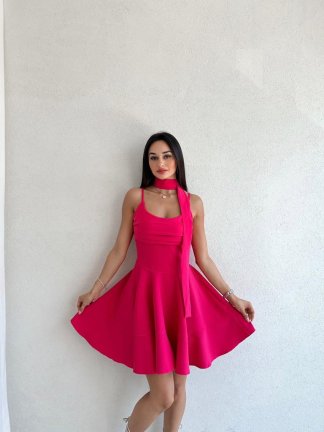 Eteği Volanlı Mini ANELKA Elbise 5823 - Fuşya - 1