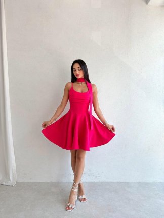 Eteği Volanlı Mini ANELKA Elbise 5823 - Fuşya - 2