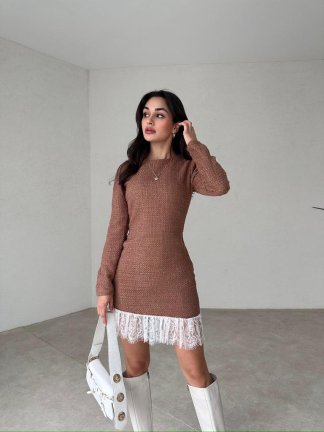 Etek Detaylı Mini BELFAST Elbise 6022 - Kahverengi - 1