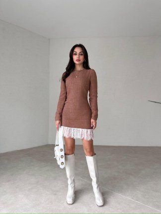 Etek Detaylı Mini BELFAST Elbise 6022 - Kahverengi - 2