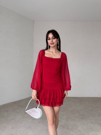 Etek Ucu Katlı Mini BROLİS Elbise 7582 - Kırmızı 
