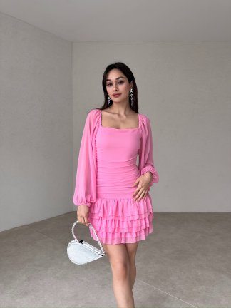 Etek Ucu Katlı Mini BROLİS Elbise 7582 - Pembe - 1