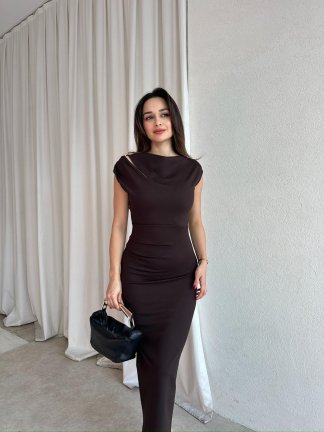 EVA Midi Elbise 8723 - Acı Kahve - 2